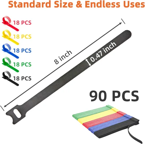 Vista 6 de 90 bridas reutilizables con gancho y bucle, correas de cables ajustables multiusos de 8 pulgadas para organizar el hogar, la oficina y los centros