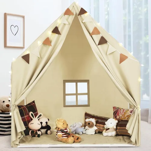 Vista 7 de Tienda de campaña para niños con tapete acolchado y luces LED en estrella para niñas y niños de 4-8-10 años, gran casa de juegos linda