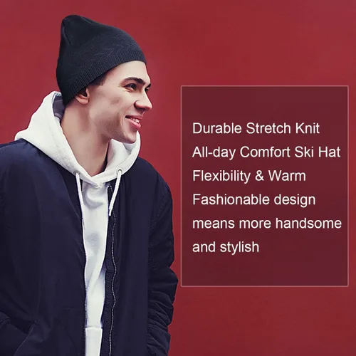 Vista 6 de OMECHY Gorros de punto cálidos de invierno para hombre, diseño de calavera lisa, gorro de punto tobogán