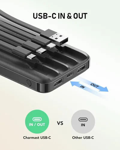 Vista 5 de Charmast Cargador portátil con cables incorporados, batería externa delgada de 10,000 mAh, cargador externo de alta velocidad con puerto USB C