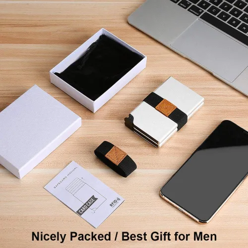 Vista 7 de Portatarjetas desplegable UpLook RFID Slim Wallet Card Case con clip magnético, Funda doble plateada, Minimalista