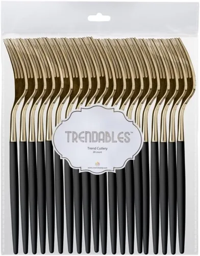 Vista 3 de Trendables Paquete de 120 tenedores de plástico resistente de dos tonos, impresionante tenedor de plástico desechable de doble color negro y dorado
