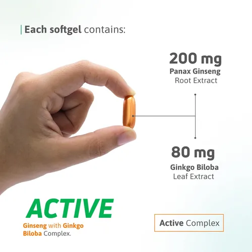 Vista 6 de Panax - Extracto de ginseng de 200 mg y complejo de ginkgo biloba de 80 mg, 60 cápsulas blandas, fórmula energética y concentración, suplemento