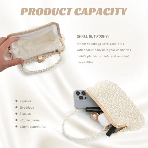Vista 5 de Fecialy Women Pearl Clutch Purses Evening Handbags Clutch Wedding Crystal Shoulder Bag with Pearl Chain