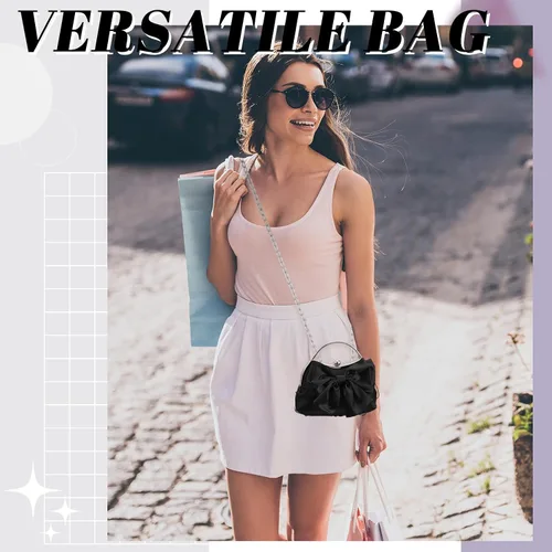 Vista 2 de Coquette - Bolso de mano para mujer, plisado, de satén, con lazo, bolsa de noche con cadena cruzada para boda, fiesta, baile de graduación