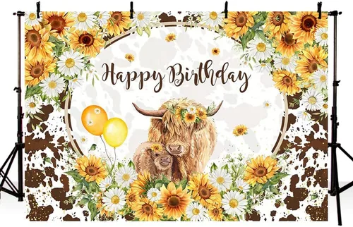 Vista 2 de MEHOFOND Fondo floral de cumpleaños de vacas de las tierras altas de 7 x 5 pies, ganado marrón, decoración de fiesta de feliz cumpleaños, girasoles