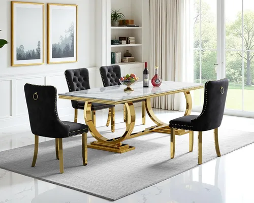 Vista 46 de Juego de mesa de comedor de 5 piezas para 4, mesa de cocina de mármol negro de 68 pulgadas con 4 sillas beige, mesa de comedor rectangular moderna