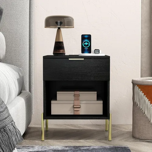 Vista 2 de Giantex Nightstand with Charging Station, Mid Century Modern Bedside Table with Storage Drawer & Open Compartment, End Table w/Wood Grain & Metal
