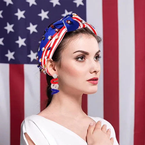 Vista 2 de NVENF Diadema con diamantes de imitación, estrella de la bandera estadounidense, accesorio del 4 de julio para mujer