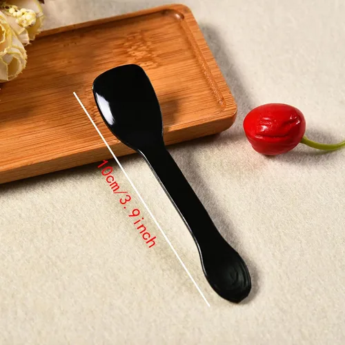 Vista 2 de 100 cucharas de helado, cuchara desechable para pastel, cuchara de pudín de yogur de plástico, color negro