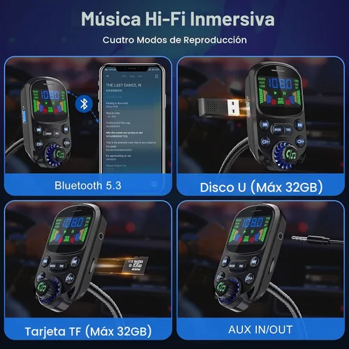 Vista 5 de Transmisor FM Bluetooth 5.3 para coche SOARUN Adaptador Bluetooth para automóvil PD30W y puerto USB, carga rápida, reproductor de agudos y graves