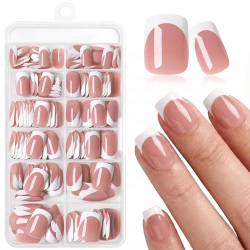 Vista 16 de 240 uñas postizas de punta francesa a presión, uñas postizas medianas de almendra, uñas blancas de punta francesa a presión, uñas acrílicas a