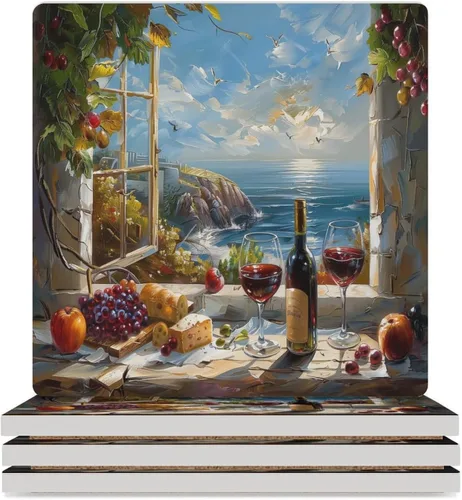 Vista 33 de 4 posavasos de vino tinto, cuadrados y modernos posavasos absorbentes de cerámica, estilo de pintura al óleo, vintage, vino tinto, uvas, rosa
