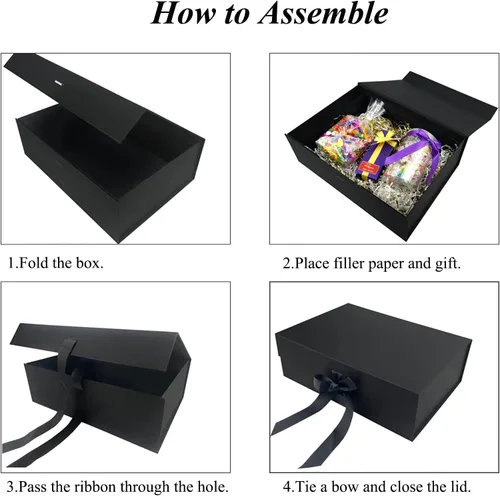 Vista 4 de Caja de regalo negra, cajas de regalo con tapas, 10.2 x 7.4 x 3.1 pulgadas, caja de regalo negra con cinta y cierre magnético para envolver regalos