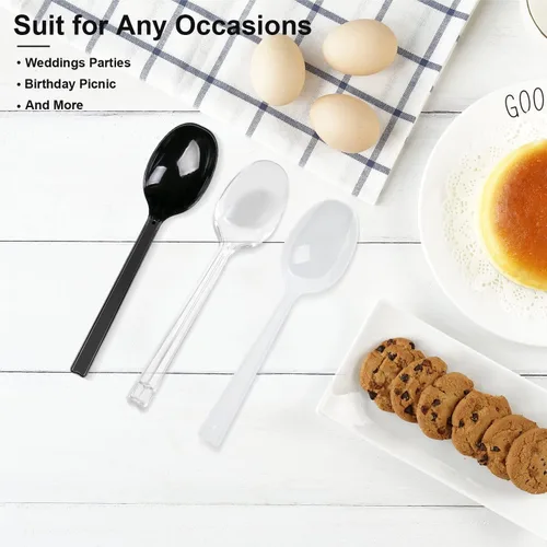 Vista 6 de Cucharas de plástico envueltas individualmente, 100 cucharas desechables resistentes a granel, ideales para fiestas, restaurantes, viajes y comida