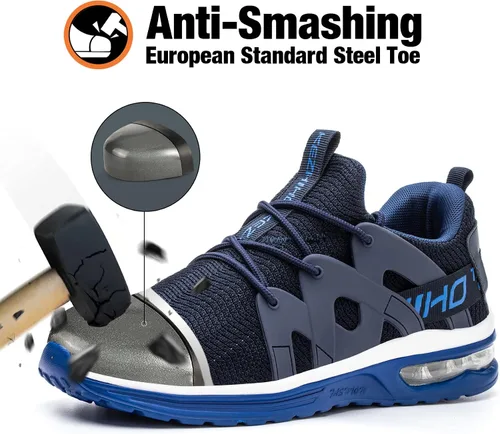 Vista 2 de Kezhiho Zapatos de punta de acero para hombres y mujeres, zapatos de trabajo ligeros con amortiguación de aire, cómodos, transpirables, a prueba
