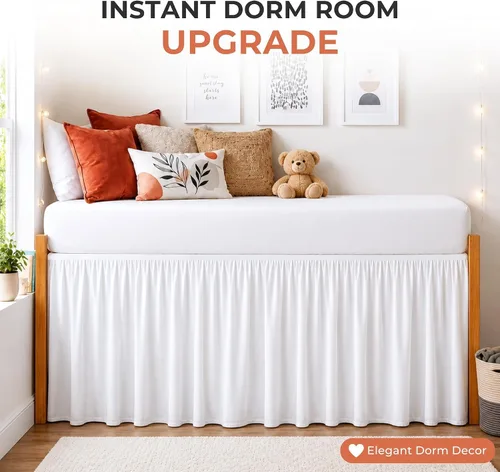 Vista 2 de Dorm Ruffle Twin XL 28" Drop Extra Long BedSkirt, Premium Brushed Microfiber Tailored Drop, Put On Elastic Long Dust Ruffle, Split Corner, Bedroom