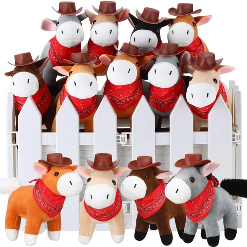 Vista 8 de 42 piezas Adopta un caballo de fiesta para niños, 12 mini caballos de peluche con pequeños sombreros de vaquero y 12 bandanas, manualidades para mi