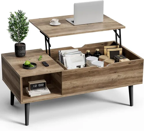Vista 10 de OLIXIS Mesa de Centro de Café de Madera con Tapa Elevable con Compartimento Oculto y Estante de Almacenamiento Grande, Mesa de Comedor Central