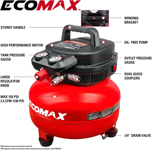 Vista 2 de Compresor de aire, compresor de aire para panqueques de 6 galones, máximo 150 PSI, 2.6 CFM @90 Psi, compresor de panqueques sin aceite para el hogar