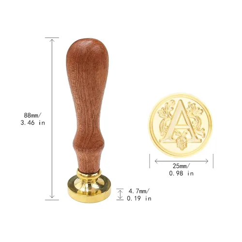 Vista 5 de Sello clásico de cera para sellar varios alfabetos, cabeza de latón, mango de madera, sellos para tarjetas, sobres, regalo (sello, letra A)