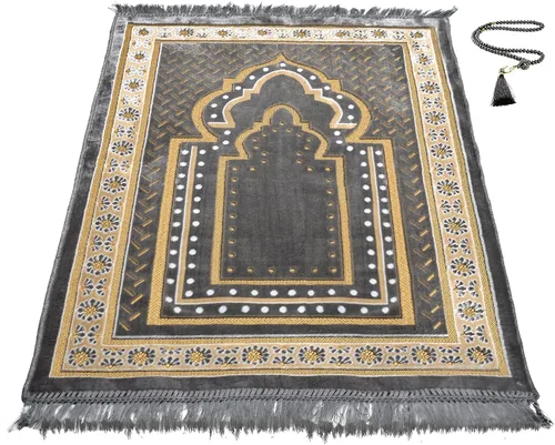 Vista 9 de TB - Alfombra de oración islámica gruesa y suave, alfombra musulmana única árabe, turca, africana, diseño bordado, cuentas de oración diaria, Azul