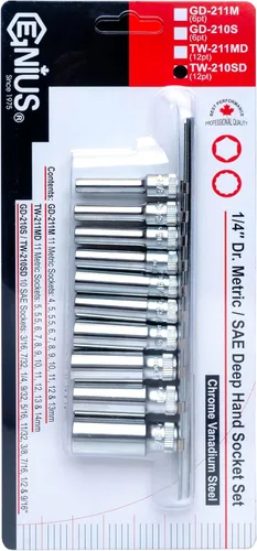 Vista 2 de Genius Tools Juego de llaves de vaso de mano profundas SAE de 10 piezas de 1/4" (12 puntos) - TW-210SD