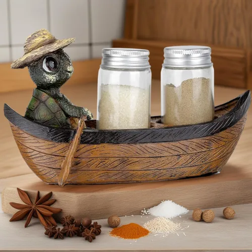 Vista 2 de Turtle in Rowboat - Juego de salero y pimentero, decoración de cocina náutica costera, figura de tortuga con 2 tarros de especias de vidrio