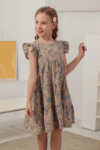 Vista 3 de GORLYA Vestido midi plisado con vuelo y mangas con volantes y estampado floral para niñas 4-14T