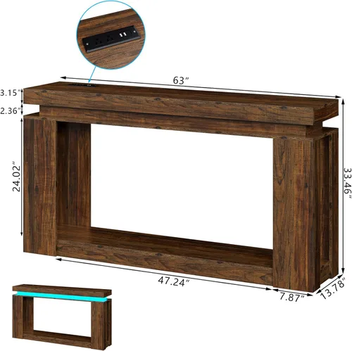 Vista 2 de Loomie - Mesa de consola larga de 63" con luces LED y toma de corriente, mesa de sofá de estilo granja de 2 niveles detrás del sofá