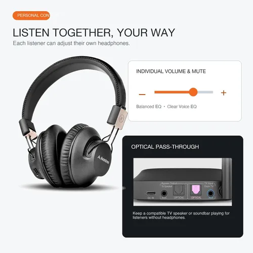 Vista 7 de Avantree Quartet 2 - Auriculares inalámbricos y transmisor de escucha grupal para TV, iglesia, aula, discotecas silenciosas, Plug & Play, sistema