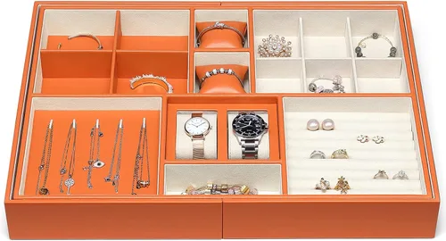 Vista 3 de Bandeja grande de joyería para mujeres y hombres caja organizadora de joyas para cajón aparador armario con 2 cajones extraíbles aretes anillo