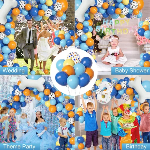 Vista 6 de Juego de 118 globos azules y naranjas de tercer cumpleaños, globos de pata de perro, suministros para fiestas de cumpleaños Blue3