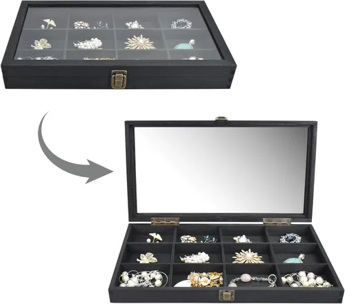 Vista 3 de Ikee Design Elegante caja de almacenamiento de joyas de madera con tapa de vidrio, 12 compartimentos, ideal para anillos, pulseras, piedras