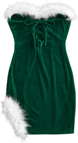 Vista 3 de ZAFUL Vestido corto de Navidad para mujer de piel sintética sin tirantes color rojo de Papá Noel vestido de fiesta de terciopelo bandeau