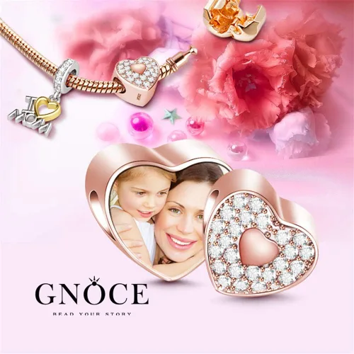 Vista 2 de GNOCE Custom Photo Charms Bead Heart Shaped Sterling Silver Personalized Charm With Cz fit Bracelet Necklace For Women Family Memorial Girls