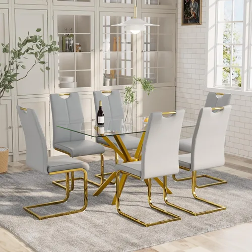 Vista 3 de Mesa de comedor de 7 piezas de 47 pulgadas con 6 sillas de piel sintética, juego de mesa de comedor moderno para 6, mesa de cocina rectangular