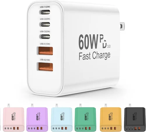 Vista 10 de Bloque de cargador USB C de 60 W, cargador versátil para iPhone, negro