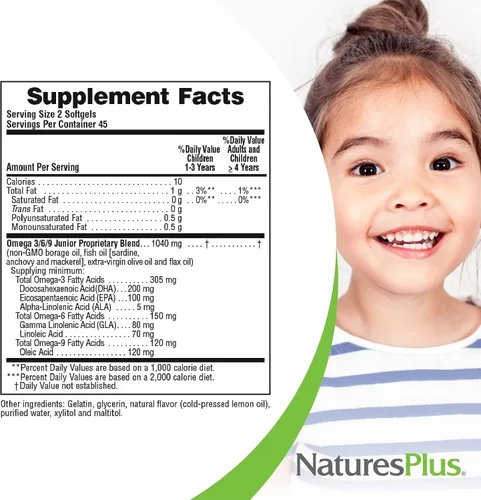 Vista 5 de NaturesPlus Animal Parade Omega 3/6/9 Junior, sabor a limón, 90 cápsulas blandas, promueve la salud inmunológica, de la piel, los ojos y el sistema