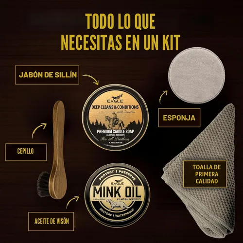 Vista 2 de Kit de Cuidado de Botas de Cuero – Aceite de Visón, Jabón para Monturas de Cuero, Aplicadores y Paño – Kit de Cuidado de Cuero, Kit de Cuidado