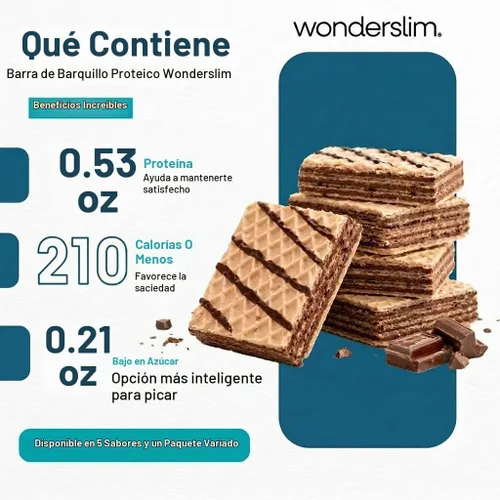 Vista 2 de WonderSlim Barra de bocadillos de oblea de proteínas, chocolate, 210 calorías, 0.53 oz de proteína, 0 mg de colesterol (5 unidades)