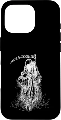 Vista 20 de iPhone 16 Halloween Grim Reaper Ghost with Scythe, Hand Sketch Case