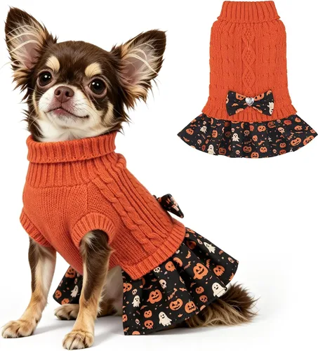 Vista 26 de YUDODO Small Dog Sweater Dress with Bowtie Turtleneck - Knitted Pet Clothes Dusty Pink