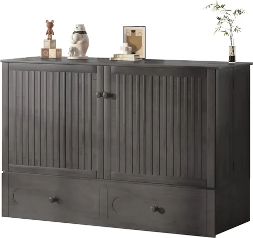 Vista 10 de BALUS 63" W Murphy Bed Queen, Murphy Cabinet Beds with Tri-Fold Mattress & USB Charging Station, Space-Saving Wooden Wall Bed Cabinet with 2 Large