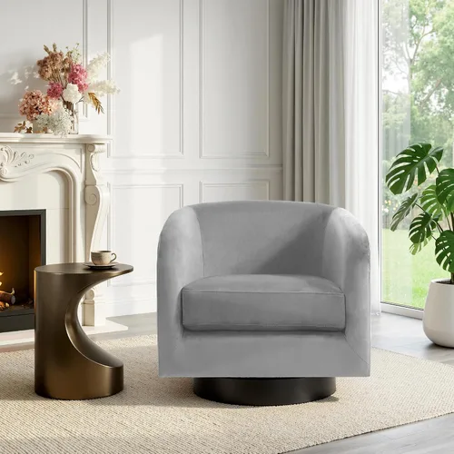 Vista 11 de Silla Giratoria de Acento de Cuero Sintético con Base de Madera, Sillas de Barril Tapizadas Modernas para Sala de Estar, Cómodo Sillón Redondo Sofá