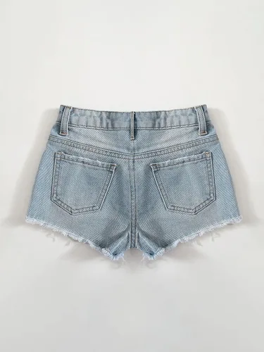 Vista 2 de WDIRARA Pantalones cortos de mezclilla de cintura alta con dobladillo rasgado y botones para niña