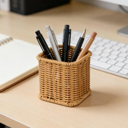 Vista 9 de Yardwe Portalápices tejido de 4 pulgadas, caja de almacenamiento decorativa de papelería para organizador de escritorio de oficina y contenedor