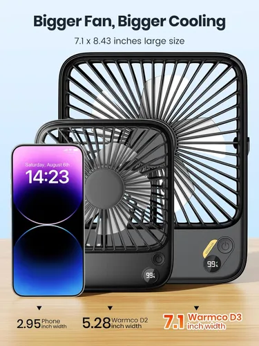 Vista 6 de Warmco - Ventilador de viaje portátil de 10000 mAh de 7 pulgadas, hasta 24 horas de funcionamiento, ultra delgado, silencioso y recargable