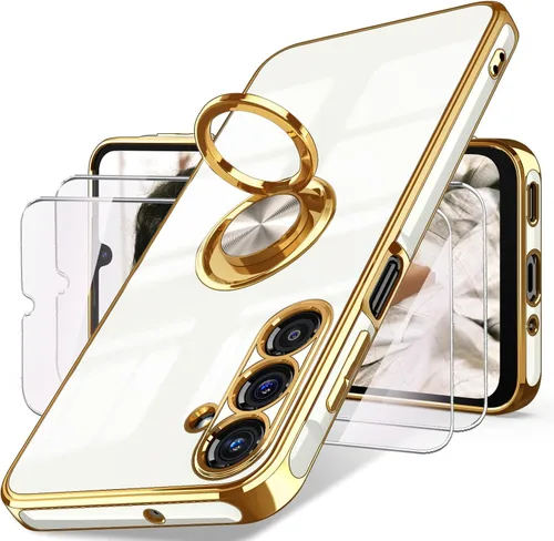 Vista 17 de Dretal Funda para Samsung Galaxy A15 5G, protector de pantalla, soporte de anillo giratorio de 360°, soporte magnético, borde dorado plateado, funda