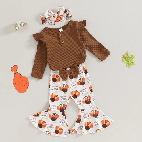 Vista 2 de Conjunto de mameluco acanalado para bebé recién nacida, Halloween, Acción de Gracias, enterizo con volantes, diseño de calabaza, pavo, pantalones